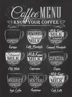 set van koffie menu met een kopje koffie drinken in vintage stijl gestileerde tekening met krijt op blackboard. belettering ken je koffie. vector