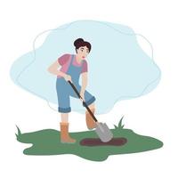 vrouw graven omhoog grond met Schep. vrouw werken in tuin. illustartion in vlak tekenfilm stijl vector