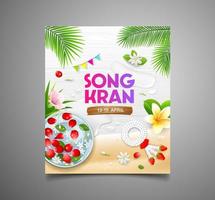 songkran festival Thailand roos bloemblaadjes in kom en Thais bloemen kokosnoot blad, poster folder ontwerp Aan wit hout achtergrond, eps 10, vector illustratie