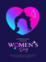 gelukkig vrouwen dag poster folder ontwerp, Dames gezicht Aan kleurrijk hart, vlinder, concept ontwerp Aan donker blauw achtergrond, eps10 vector