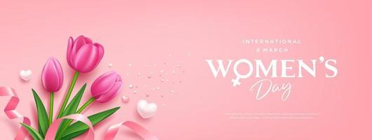gelukkig vrouwen dag tulpen bloemen en hart, roze lint, banier ontwerp Aan roze achtergrond, eps10 vector illustratie.