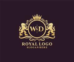 eerste wd brief leeuw Koninklijk luxe logo sjabloon in vector kunst voor restaurant, royalty, boetiek, cafe, hotel, heraldisch, sieraden, mode en andere vector illustratie.