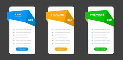 ui ux prijzen ontwerp tafels met tarieven, abonnement Kenmerken checklist en bedrijf plannen. prijzen plannen tafel en prijzen tabel prijs lijst voor web of app. Product vergelijking bedrijf web plannen. vector