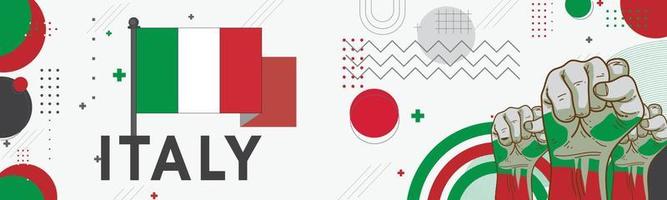 banier Italië nationaal dag met italia vlag kleuren thema achtergrond en meetkundig abstract retro modern groen rood wit ontwerp. Italiaans mensen. sport- spellen supporters vector illustratie.