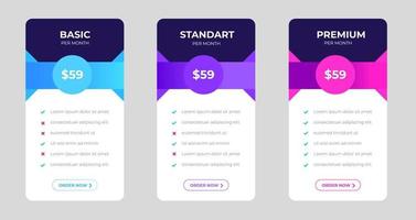 prijzen plannen tafel en prijzen tabel prijs lijst voor web of app. ui ux prijzen ontwerp tafels met tarieven, abonnement Kenmerken checklist en bedrijf plannen. Product vergelijking bedrijf web plannen. vector