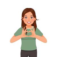 gelukkig jong vrouw tonen hart vorm teken met handen gebaar vector