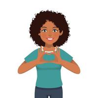 gelukkig jong Afrikaanse vrouw tonen hart vorm teken met handen gebaar vector
