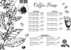 voorraad vector sjabloon koffie huis of restaurant menu. een drank folder voor bar en cafe. sjabloon met hand getekend wijnoogst illustratie koffie en desserts Aan de wit bord.