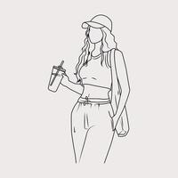 lijn tekening van een jong schoonheid vrouw college leerling met koffie vector