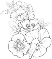 viooltje bloemen illustratie kleur bladzijde, eenvoud, versiering, monochroom, vector kunst, schets afdrukken met bloesems viooltje bloem, viooltje boeket bladeren, en knoppen, viooltje bloem tatoeëren tekening.