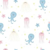 vector naadloos patronen met zee inwoners. schattig zeesterren, kwal en Octopus Aan wit achtergrond. voor ontwerp, decor, afdrukken, verpakking, textiel en behang