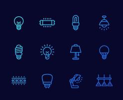 gloeilampen, verlichting en lampen dunne lijn pictogrammen vector