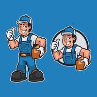 vriendelijke timmerman is gekleed in werkkleding en draagt ?? een houten terwijl het geven van een duim omhoog geïsoleerd op blauwe achtergrond. mascotte cartoon werknemer thema. handgetekende vector ontwerp illustratie