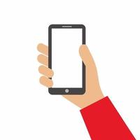 hand die zwarte smartphone houdt en leeg scherm toont dat op witte achtergrond wordt geïsoleerd. met behulp van mobiele slimme telefoon om online te winkelen concept. platte cartoon stijl. vector ontwerp element illustratie