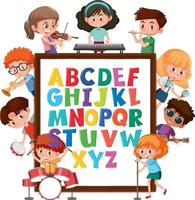 az alfabetbord met veel kinderen die verschillende activiteiten doen vector