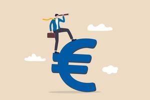 investeerder die zich op euro-valutateken met telescoop bevindt om de markttoekomst te zien vector