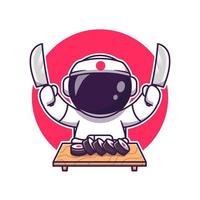 schattig astronaut sushi met mes tekenfilm vector icoon illustratie. wetenschap voedsel icoon concept geïsoleerd premie vector. vlak tekenfilm stijl