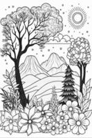 een zwart en wit tekening van een landschap met bergen en bomen. vector