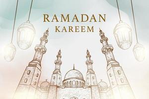 hand- getrokken Ramadan kareem achtergrond illustratie met moskee en lantaarns vector