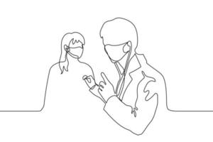 dokter in masker onderzoekt een gemaskeerd geduldig. een lijn tekening dokter luistert naar de borst van een vrouw met een stethoscoop vector
