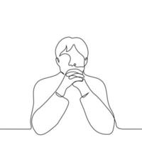 Mens zittend Bij tafel met vingers gekruiste - een lijn tekening vector. concept Mens luisteren, denken, sceptisch houding vector