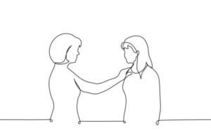 vrouw zetten haar hand- Aan de schouder van een ander vrouw vriend, zus of minnaar - een lijn tekening vector. concept Dames ondersteuning Dames vector