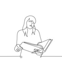 vrouw staand met Open dik boek - een lijn tekening vector. concept lezer in de bibliotheek, klant in de boekhandel vector