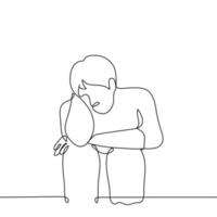 Mens zittend met zijn hoofd boog knuffelen zijn knieën - een lijn tekening vector. concept isolatie alleen, verlaten of depressief vector