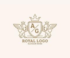 eerste ag brief leeuw Koninklijk luxe heraldisch, wapen logo sjabloon in vector kunst voor restaurant, royalty, boetiek, cafe, hotel, heraldisch, sieraden, mode en andere vector illustratie.