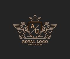 eerste au brief leeuw Koninklijk luxe heraldisch, wapen logo sjabloon in vector kunst voor restaurant, royalty, boetiek, cafe, hotel, heraldisch, sieraden, mode en andere vector illustratie.