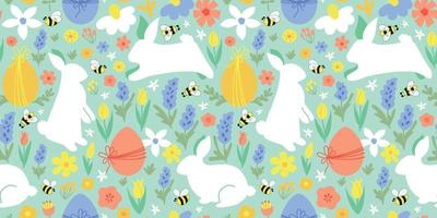 bloemen Pasen konijn patroon. bloemen Pasen konijn patroon. eieren jacht zomer tuin textiel ontwerp. schattig wit konijnen Aan bloemen achtergrond. voorjaar Pasen textiel, behang, afdrukken vector illustratie.