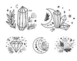 hemel- set. maan kristal set. schattig magie hemel- Kristallen, sterren, bloemen, bladeren. mystiek maan boho grafisch element, verzameling. mystiek afdrukken. hand- getrokken maan geïsoleerd vector illustratie.