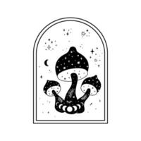 hemel- paddestoel afdrukken. mystiek boho champignons geïsoleerd grafisch element psychedelisch magie lijn hemel- paddestoel, maan fase, schattig sterren, bloemen witchy esoterisch zwart en wit vector illustratie