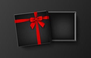 geopende zwarte lege geschenkdoos met rode strik en lint, vectorillustratie vector