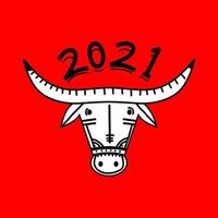 2021 gelukkig nieuwjaar. os, koe, stier hoofden geïsoleerd op rode achtergrond. oostelijke chinese jaar maankalender mascotte. Chinese wenskaart vector briefkaart, spandoek, poster. illustratie voor de kalender