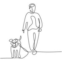 een lijntekening van jonge gelukkige vrouw wandelen met zijn hond op outfield park. vriendschap over mens en gezelschapsdierconcept dat op witte achtergrond wordt geïsoleerd. vector huisdier zorg illustratie