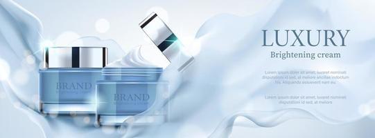 luxe banner cosmetische advertentie met container met blauw satijn op bokeh achtergrond, vectorillustratie. vector