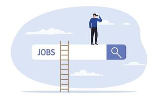 baan zoeken, werkgelegenheid, carrière, vind kans, zoeken voor vacature of werk positie concept. zakenman beklimmen omhoog ladder van baan zoeken bar met kijker naar zien kans. vector illustratie.