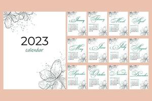 kalender 2023, minimalisme, bloemen lineair schetsen, schoonschrift en decor met abstract spatten vector