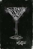 vuil martini cocktail belettering droog vermout, gin, olijf- in wijnoogst grafisch stijl tekening met krijt Aan schoolbord achtergrond vector