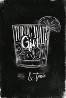 gin tonic cocktail belettering tonic water, gin, ijs in wijnoogst grafisch stijl tekening met krijt Aan schoolbord achtergrond vector