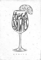 spritz cocktail belettering prosecco, aperol, soda water, in vintage grafische stijl puttend uit vuile papier achtergrond vector