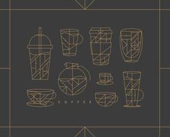 reeks van creatief modern kunst deco koffie cups in vlak lijn stijl tekening Aan donker achtergrond. vector