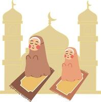 gelukkig Ramadan achtergrond met schattig Moslim meisje karakter gebed in voorkant van moskee silhouet vector