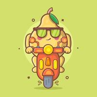 koel kweepeer fruit karakter mascotte rijden scooter motorfiets geïsoleerd tekenfilm in vlak stijl ontwerp vector