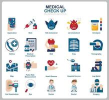 medische check-up icon set voor website, document, posterontwerp, afdrukken, toepassing. gezondheidszorg concept pictogram vlakke stijl. vector