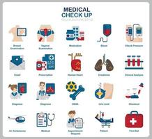 medische check-up icon set voor website, document, posterontwerp, afdrukken, toepassing. gezondheidszorg concept pictogram vlakke stijl. vector