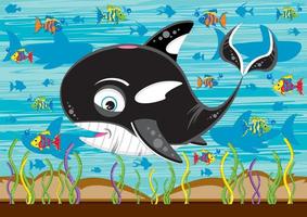 schattig tekenfilm moordenaar walvis en vis onderwater- tafereel vector