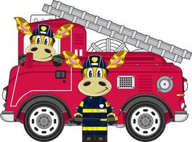 schattig tekenfilm giraffe brandweer en brand motor vector