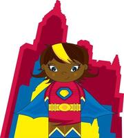 tekenfilm heroïsch superheld meisje en wolkenkrabbers vector